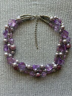 Vintage silver tone 3-stranded adjustable necklace w purple faux pearl & beads